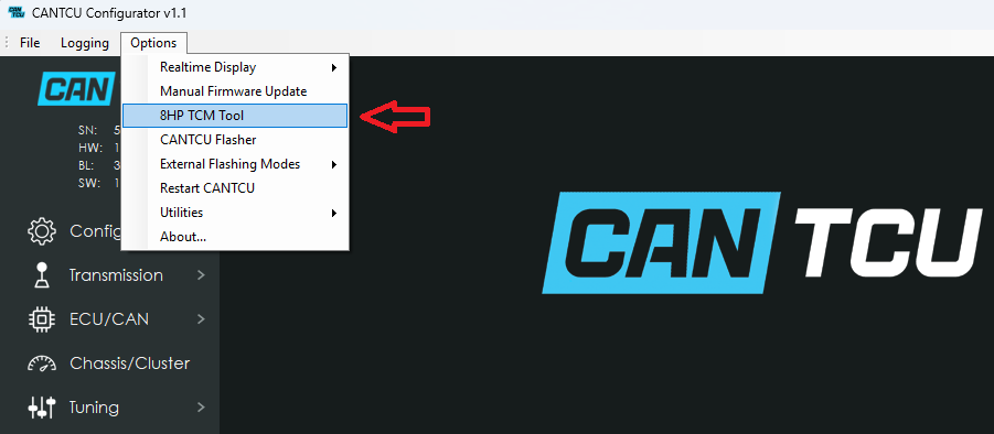 8HP TCM Tool in the Options menu